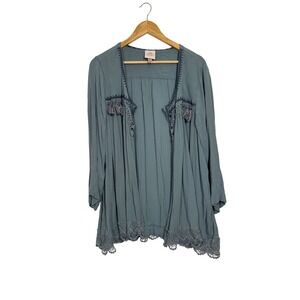 Boho Knox Rose Embroidered Tassel Crochet Lace Cardigan Women XXL Dusty Blue
